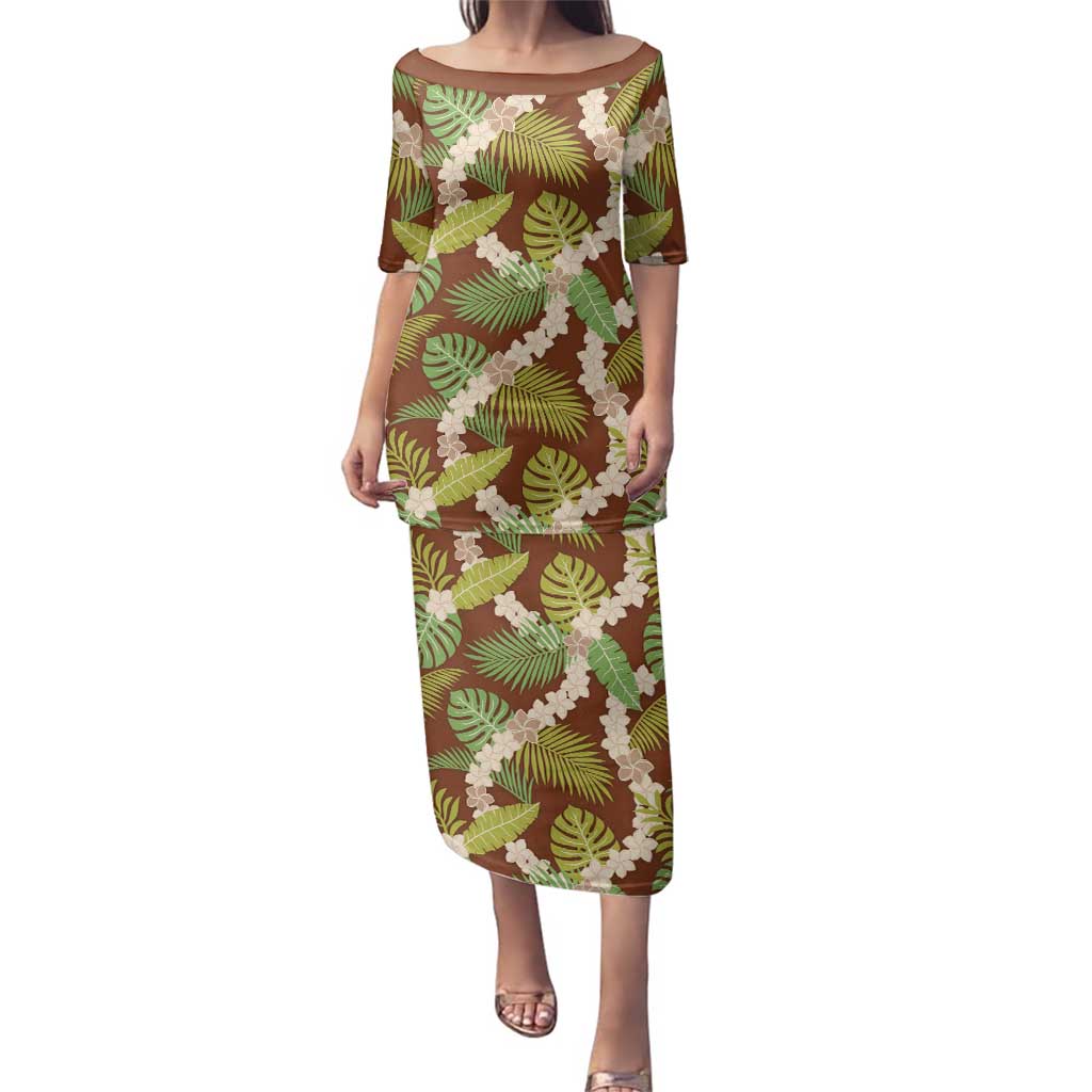 Brown Hawaii Plumeria Lei With Tropical Leaves Family Matching Puletasi and Hawaiian Shirt