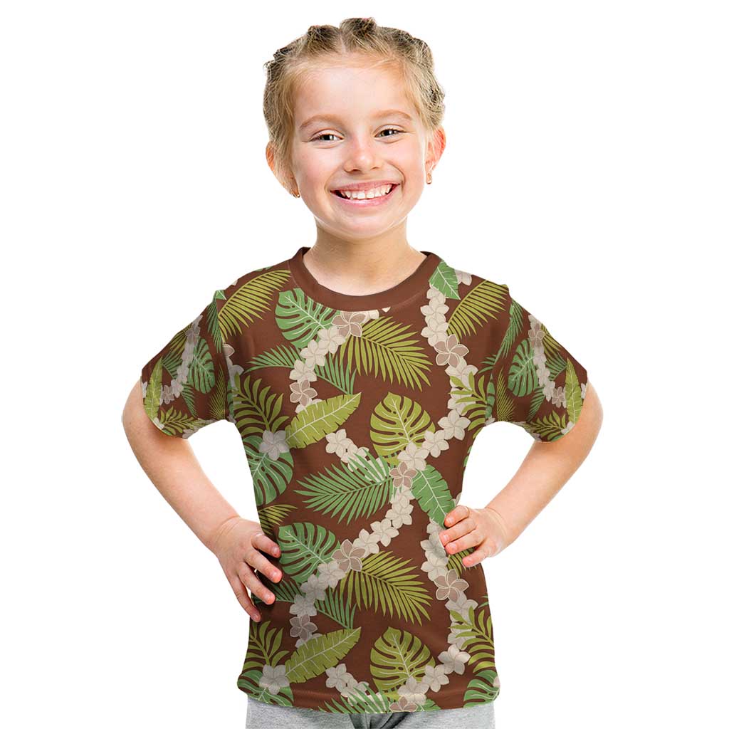 Brown Hawaii Plumeria Lei With Tropical Leaves Kid T Shirt LT14 Brown - Polynesian Pride