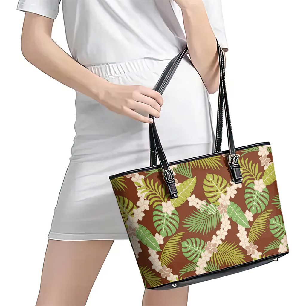 Brown Hawaii Plumeria Lei With Tropical Leaves Leather Tote Bag