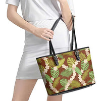 Brown Hawaii Plumeria Lei With Tropical Leaves Leather Tote Bag