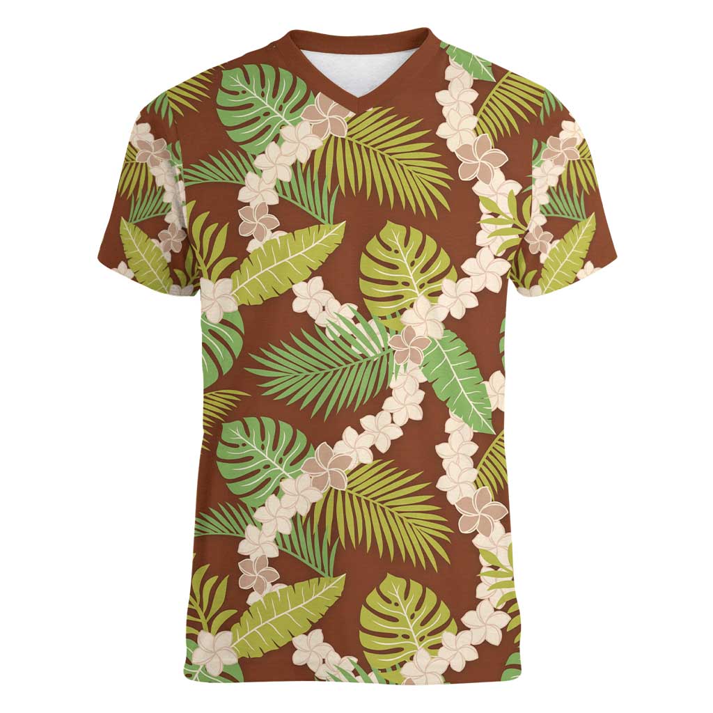 Brown Hawaii Plumeria Lei With Tropical Leaves Women V-Neck T-Shirt LT14 Female Brown - Polynesian Pride