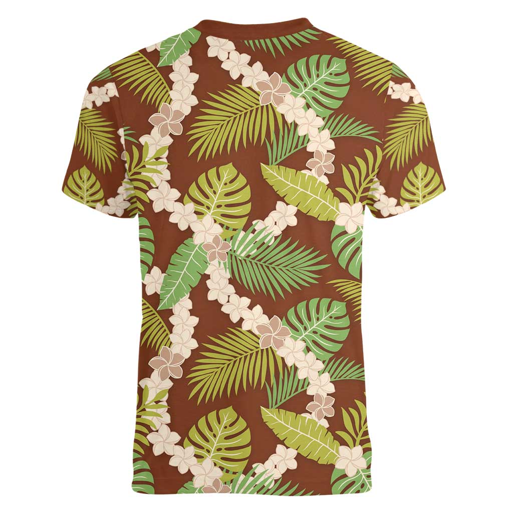 Brown Hawaii Plumeria Lei With Tropical Leaves Women V-Neck T-Shirt LT14 - Polynesian Pride