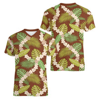 Brown Hawaii Plumeria Lei With Tropical Leaves Women V-Neck T-Shirt LT14 - Polynesian Pride