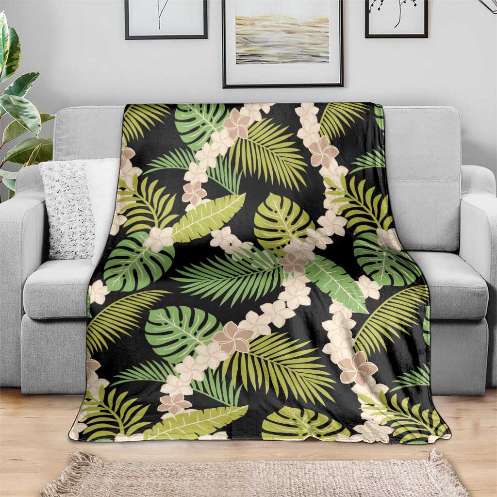Black Hawaii Plumeria Lei With Tropical Leaves Blanket