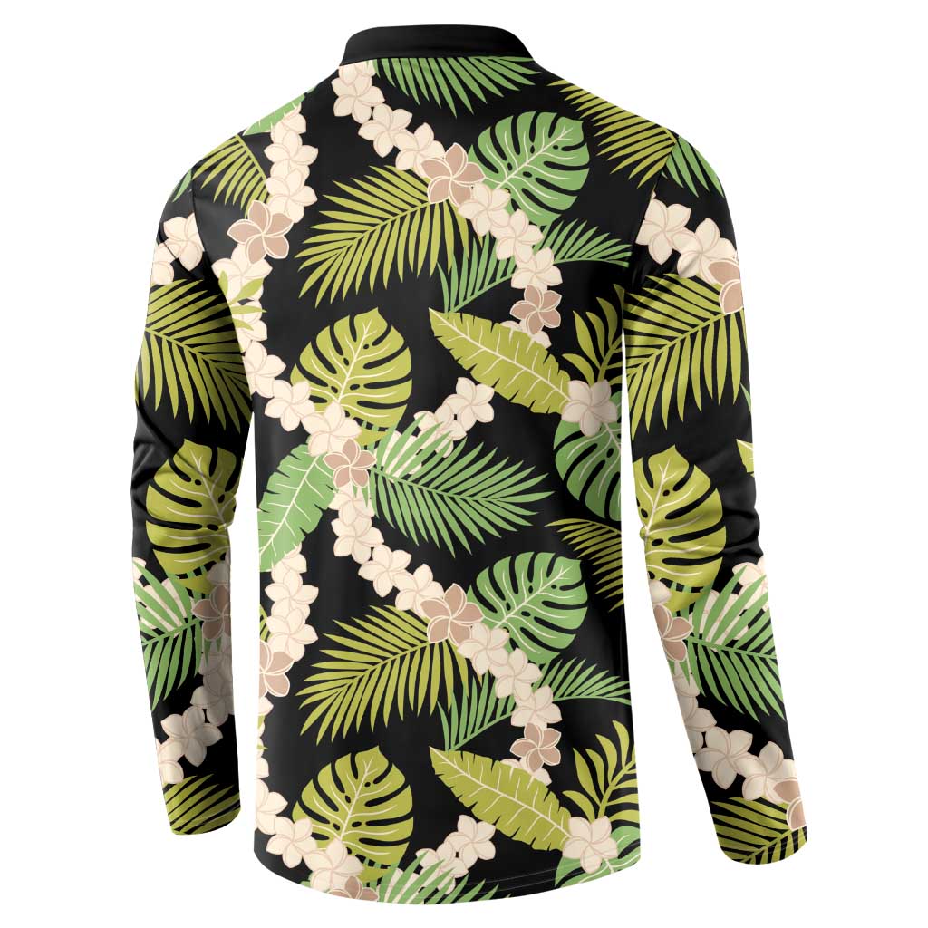 Black Hawaii Plumeria Lei With Tropical Leaves Button Sweatshirt