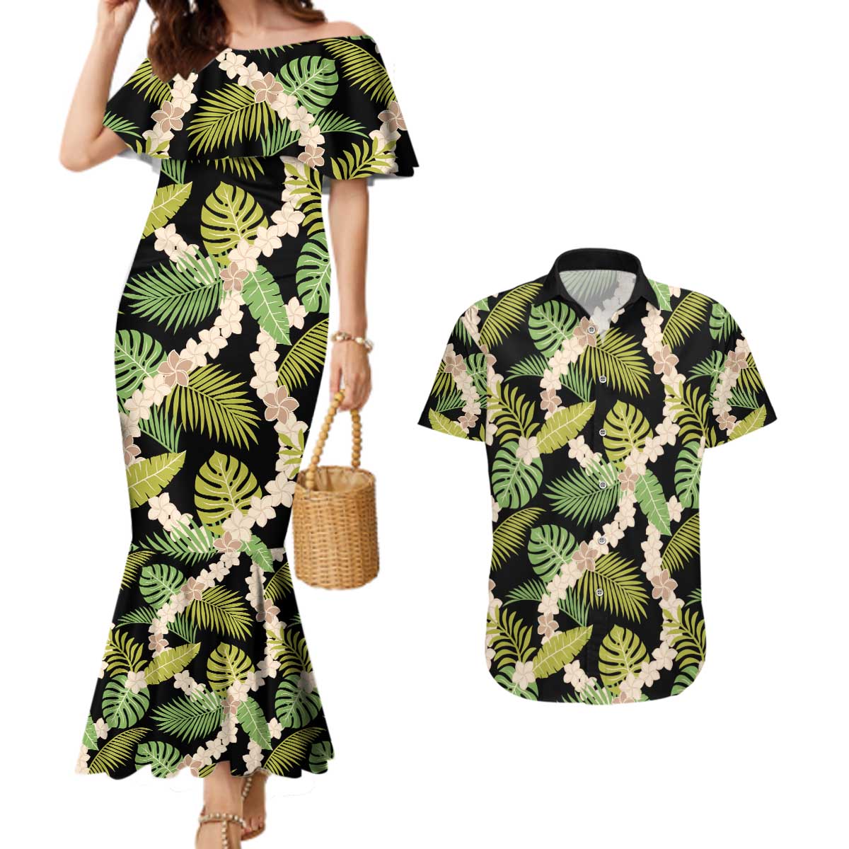 Black Hawaii Plumeria Lei With Tropical Leaves Couples Matching Mermaid Dress and Hawaiian Shirt