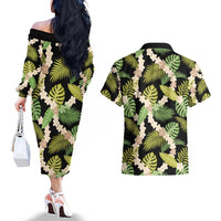 Black Hawaii Plumeria Lei With Tropical Leaves Couples Matching Off The Shoulder Long Sleeve Dress and Hawaiian Shirt
