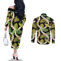 Black Hawaii Plumeria Lei With Tropical Leaves Couples Matching Off The Shoulder Long Sleeve Dress and Long Sleeve Button Shirt