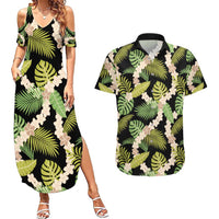 Black Hawaii Plumeria Lei With Tropical Leaves Couples Matching Summer Maxi Dress and Hawaiian Shirt