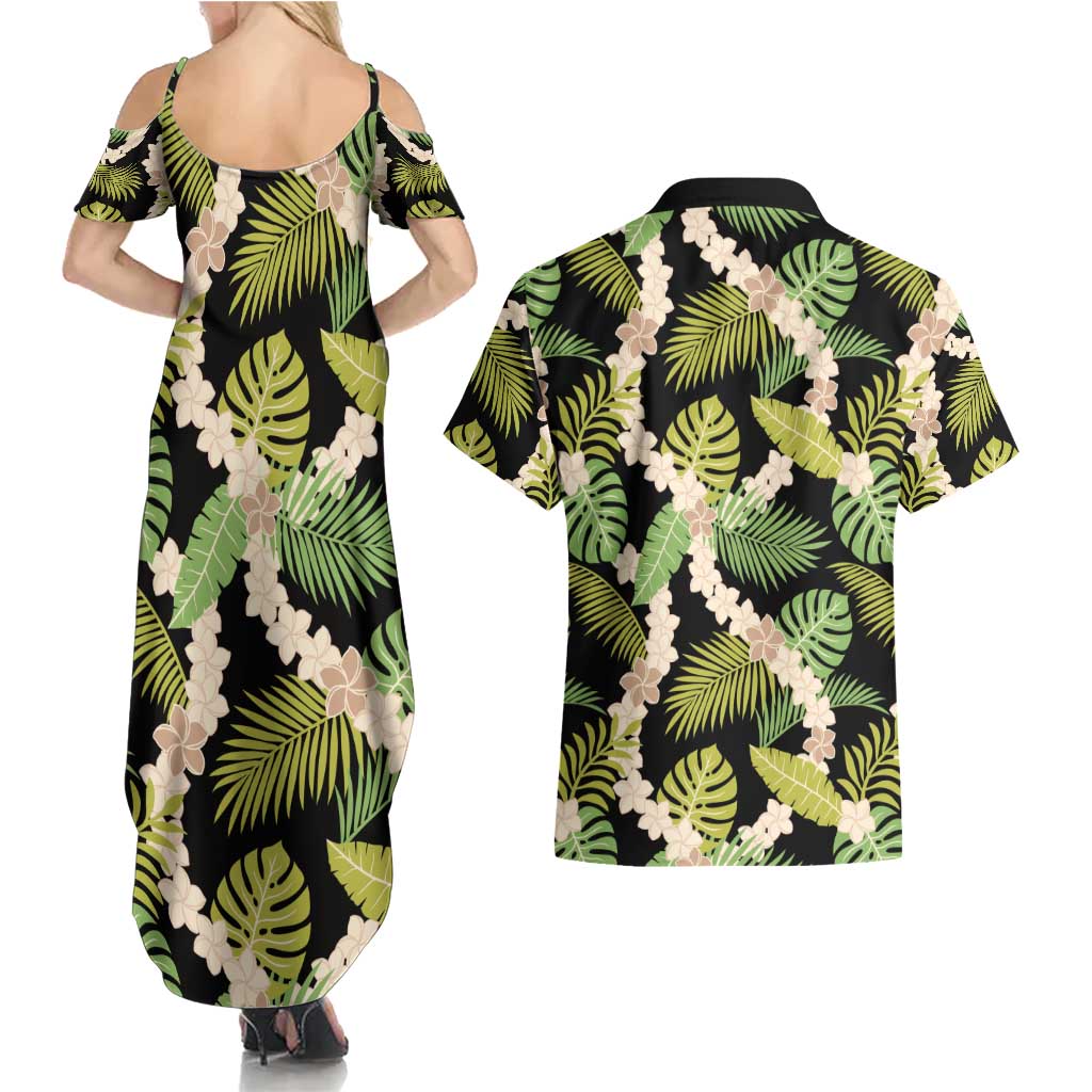 Black Hawaii Plumeria Lei With Tropical Leaves Couples Matching Summer Maxi Dress and Hawaiian Shirt