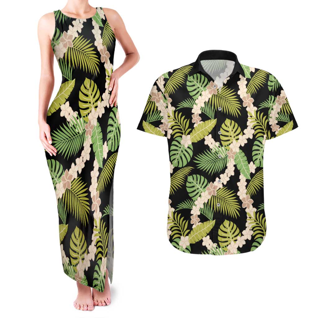 Black Hawaii Plumeria Lei With Tropical Leaves Couples Matching Tank Maxi Dress and Hawaiian Shirt