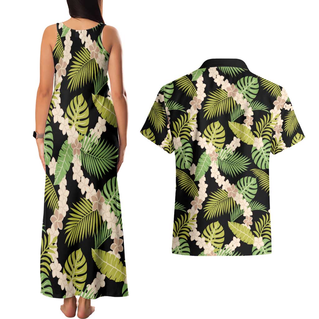 Black Hawaii Plumeria Lei With Tropical Leaves Couples Matching Tank Maxi Dress and Hawaiian Shirt