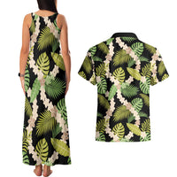 Black Hawaii Plumeria Lei With Tropical Leaves Couples Matching Tank Maxi Dress and Hawaiian Shirt