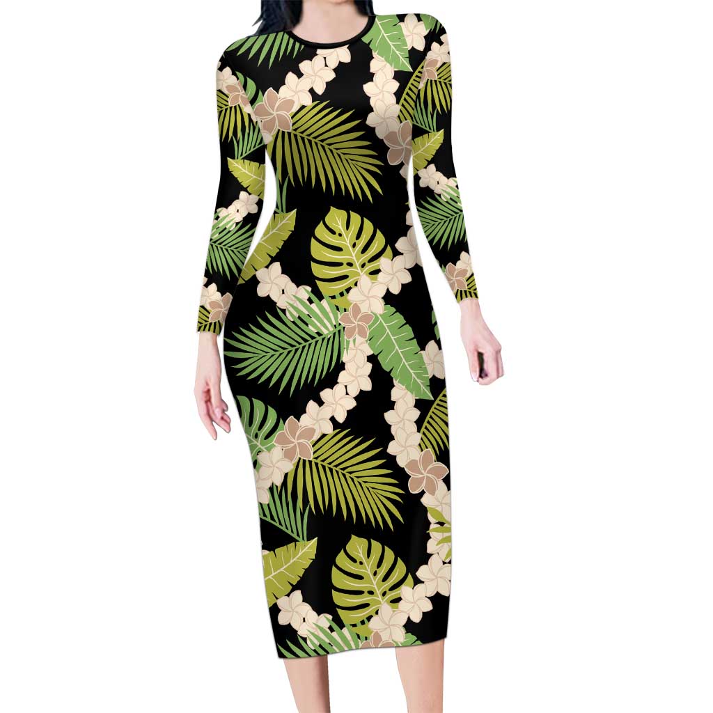 Black Hawaii Plumeria Lei With Tropical Leaves Family Matching Long Sleeve Bodycon Dress and Hawaiian Shirt