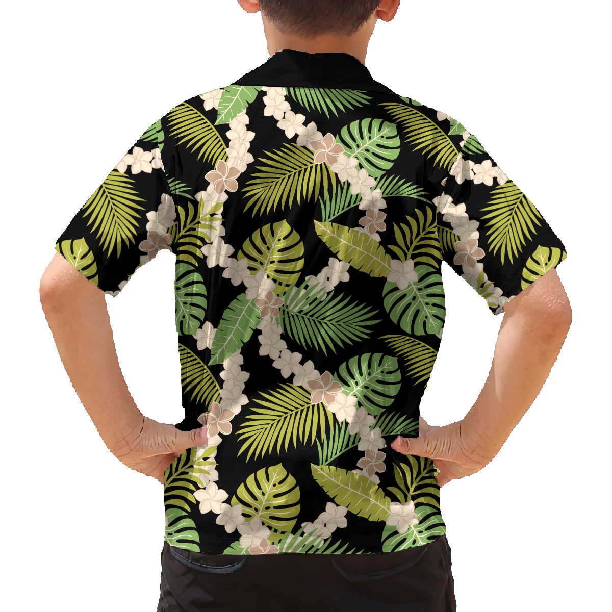 Black Hawaii Plumeria Lei With Tropical Leaves Family Matching Off The Shoulder Long Sleeve Dress and Hawaiian Shirt