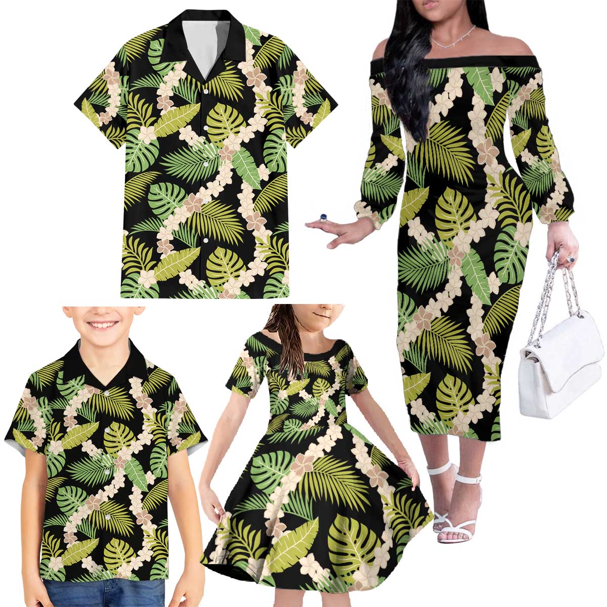 Black Hawaii Plumeria Lei With Tropical Leaves Family Matching Off The Shoulder Long Sleeve Dress and Hawaiian Shirt