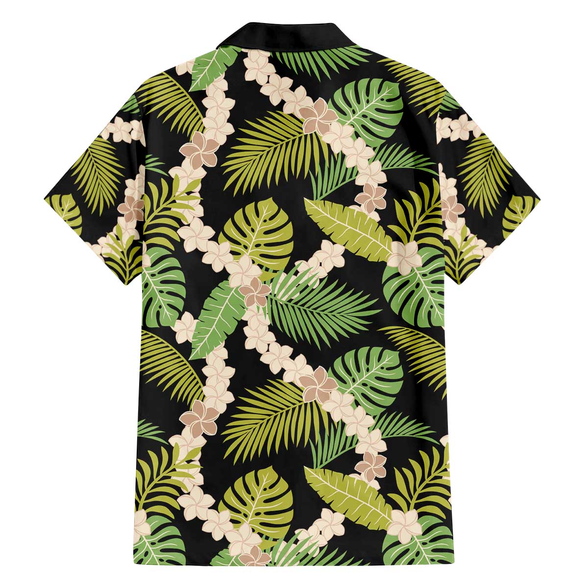 Black Hawaii Plumeria Lei With Tropical Leaves Family Matching Off The Shoulder Long Sleeve Dress and Hawaiian Shirt