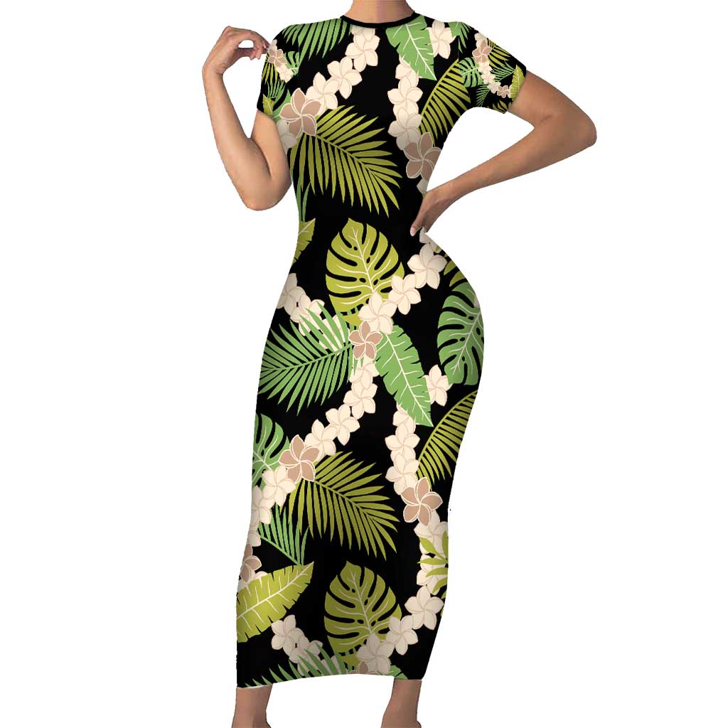 Black Hawaii Plumeria Lei With Tropical Leaves Family Matching Short Sleeve Bodycon Dress and Hawaiian Shirt
