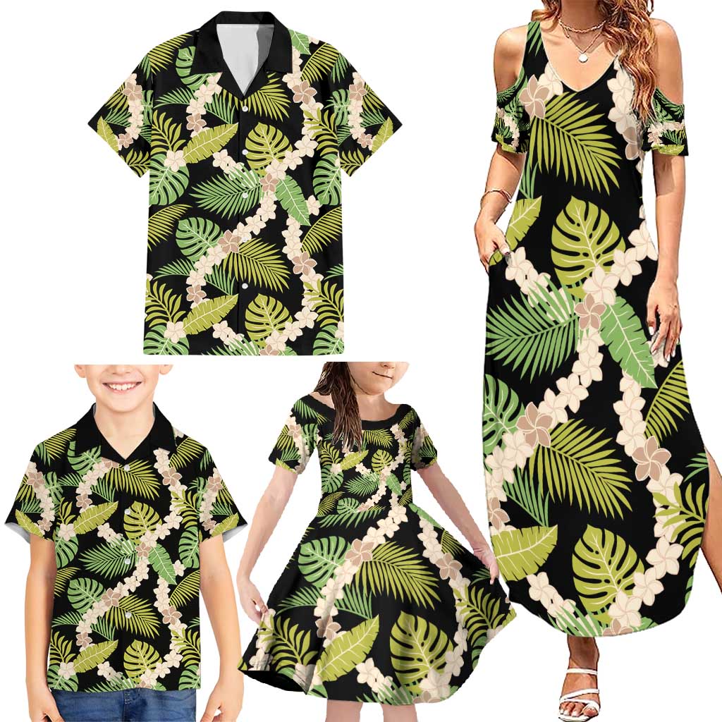 Black Hawaii Plumeria Lei With Tropical Leaves Family Matching Summer Maxi Dress and Hawaiian Shirt