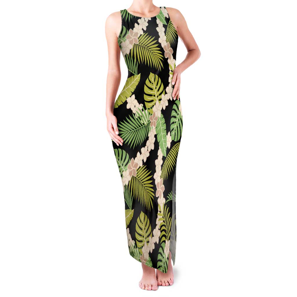 Black Hawaii Plumeria Lei With Tropical Leaves Family Matching Tank Maxi Dress and Hawaiian Shirt