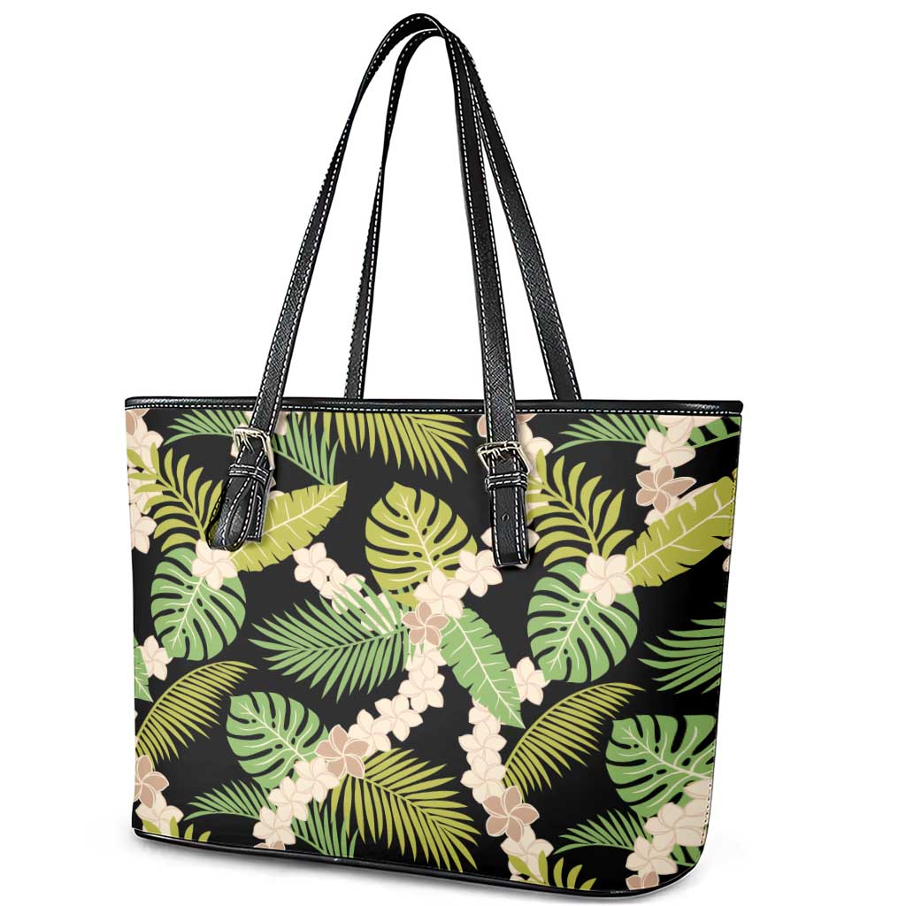 Black Hawaii Plumeria Lei With Tropical Leaves Leather Tote Bag