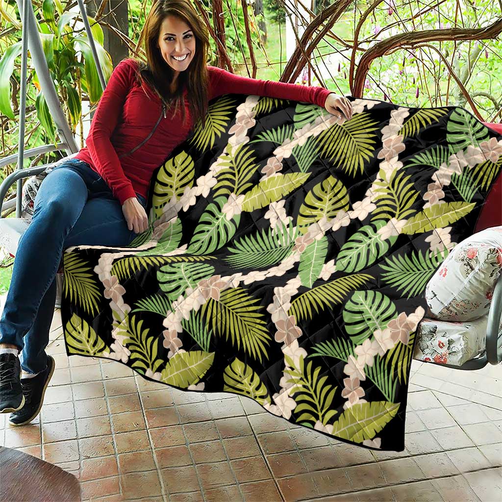 Black Hawaii Plumeria Lei With Tropical Leaves Quilt