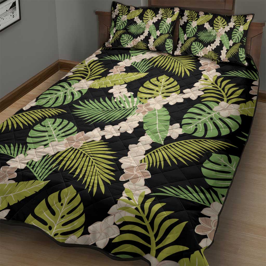Black Hawaii Plumeria Lei With Tropical Leaves Quilt Bed Set