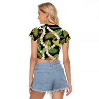Black Hawaii Plumeria Lei With Tropical Leaves Raglan Cropped T Shirt