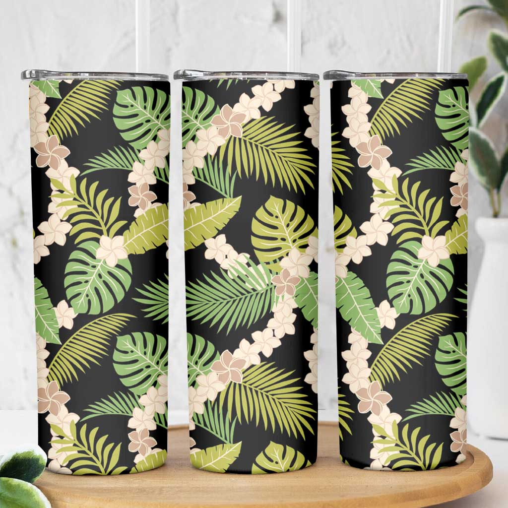Black Hawaii Plumeria Lei With Tropical Leaves Skinny Tumbler