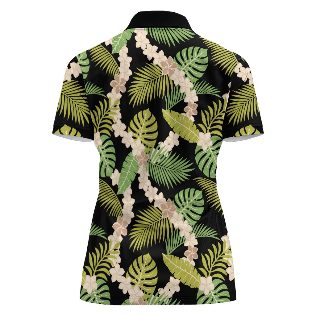 Black Hawaii Plumeria Lei With Tropical Leaves Women Polo Shirt