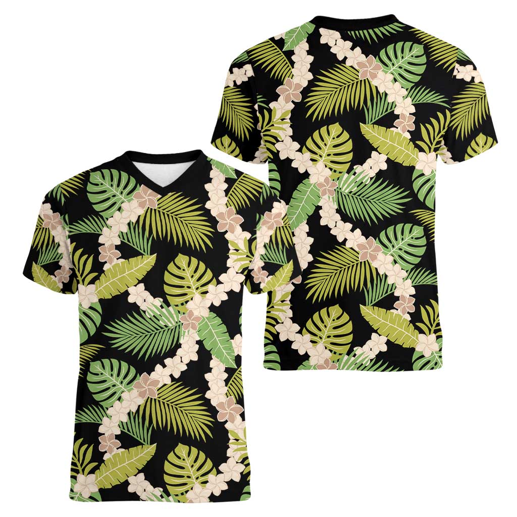 Black Hawaii Plumeria Lei With Tropical Leaves Women V-Neck T-Shirt