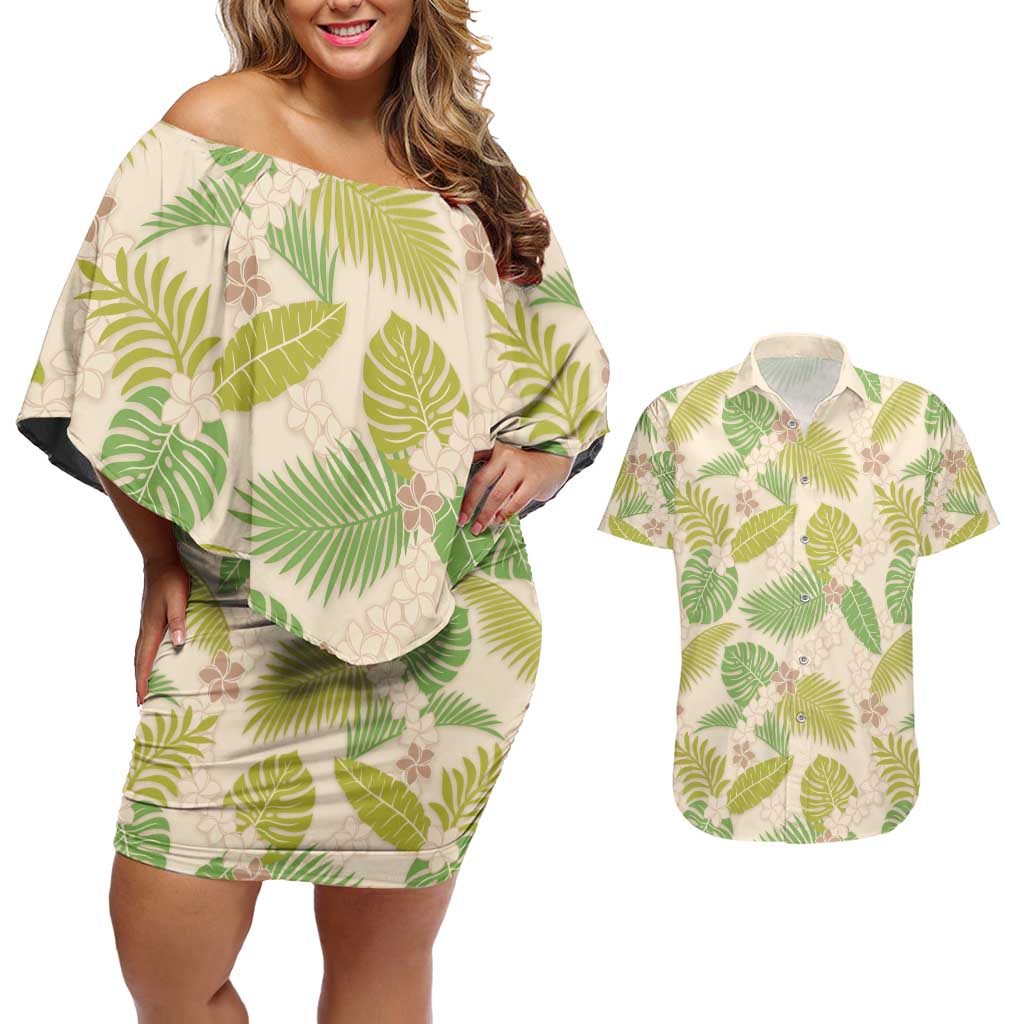 Beige Hawaii Plumeria Lei With Tropical Leaves Couples Matching Off Shoulder Short Dress and Hawaiian Shirt