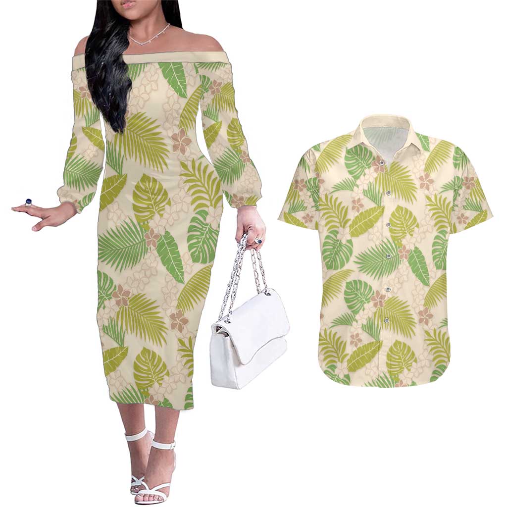 Beige Hawaii Plumeria Lei With Tropical Leaves Couples Matching Off The Shoulder Long Sleeve Dress and Hawaiian Shirt