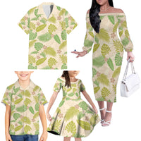 Beige Hawaii Plumeria Lei With Tropical Leaves Family Matching Off The Shoulder Long Sleeve Dress and Hawaiian Shirt