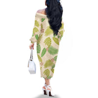 Beige Hawaii Plumeria Lei With Tropical Leaves Family Matching Off The Shoulder Long Sleeve Dress and Hawaiian Shirt