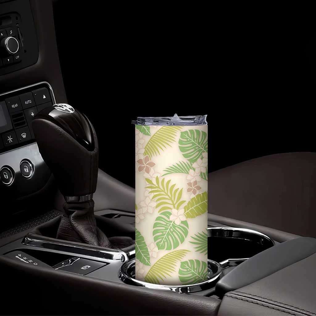 Beige Hawaii Plumeria Lei With Tropical Leaves Skinny Tumbler