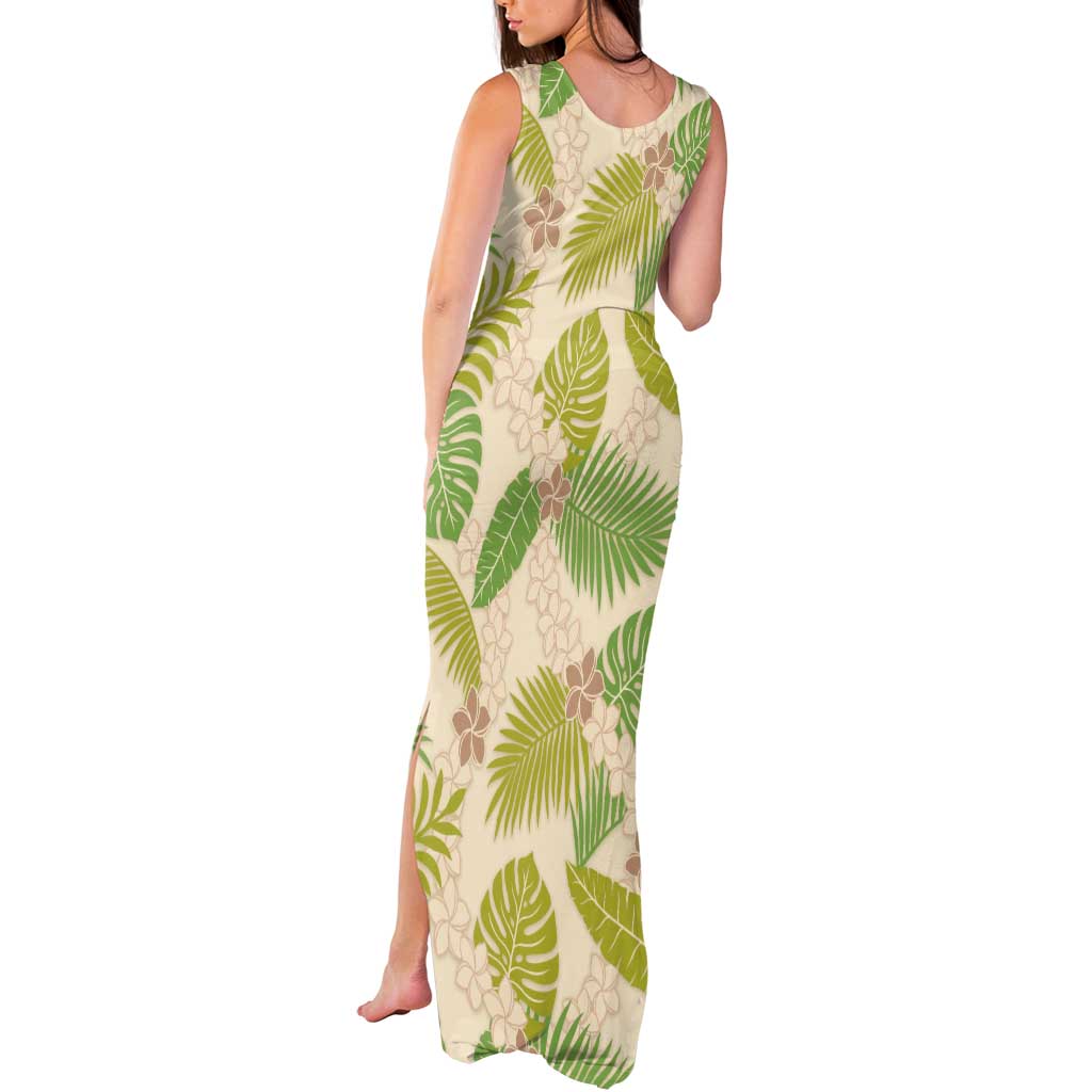 Beige Hawaii Plumeria Lei With Tropical Leaves Tank Maxi Dress