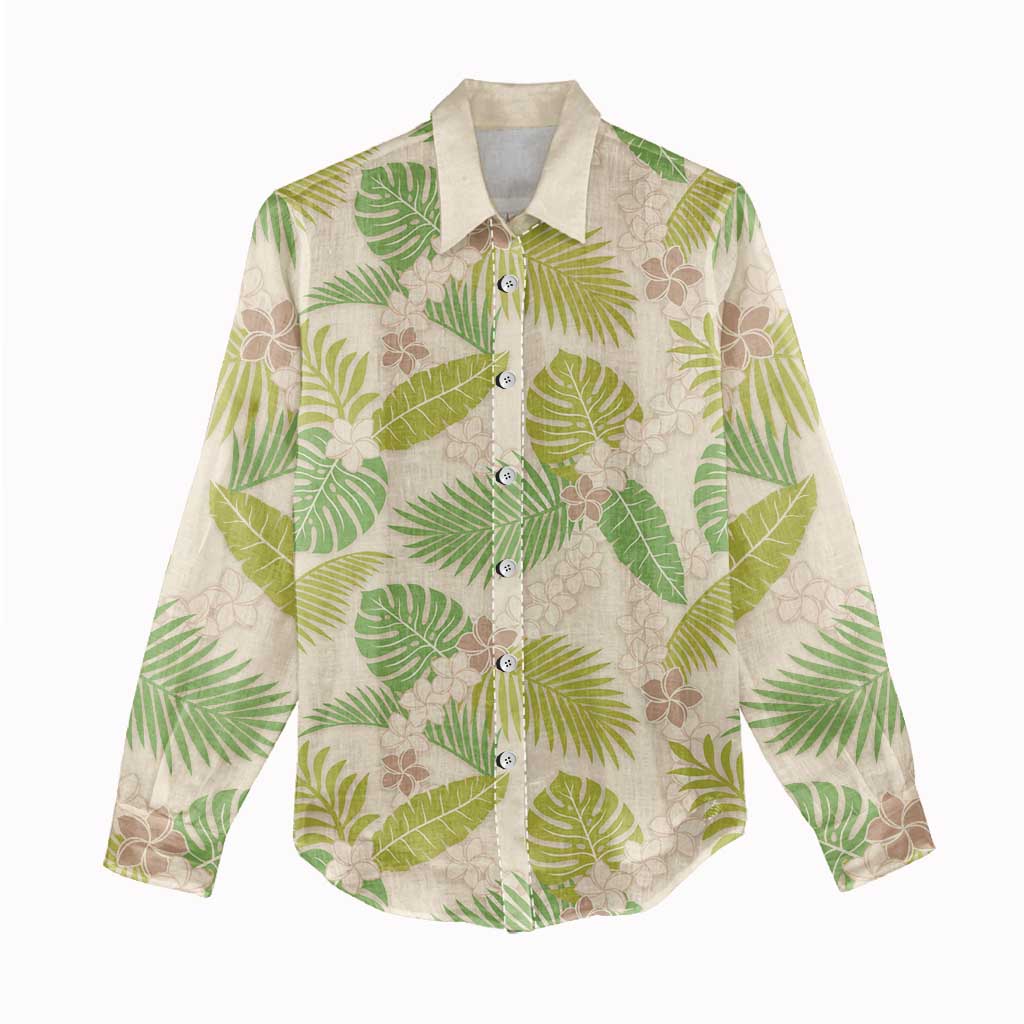 Beige Hawaii Plumeria Lei With Tropical Leaves Women Casual Shirt