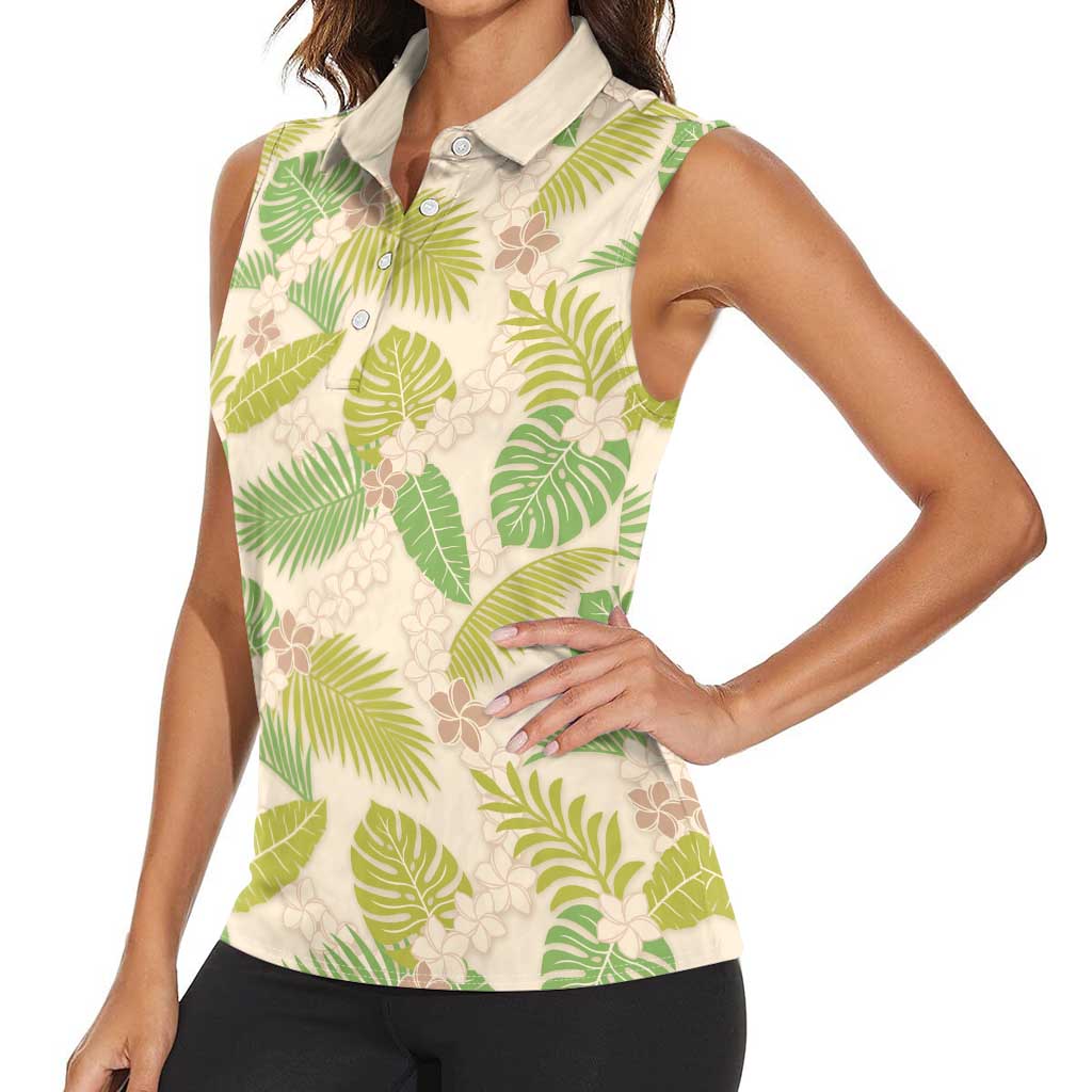 Beige Hawaii Plumeria Lei With Tropical Leaves Women Sleeveless Polo Shirt