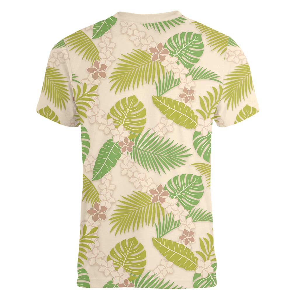 Beige Hawaii Plumeria Lei With Tropical Leaves Women V-Neck T-Shirt