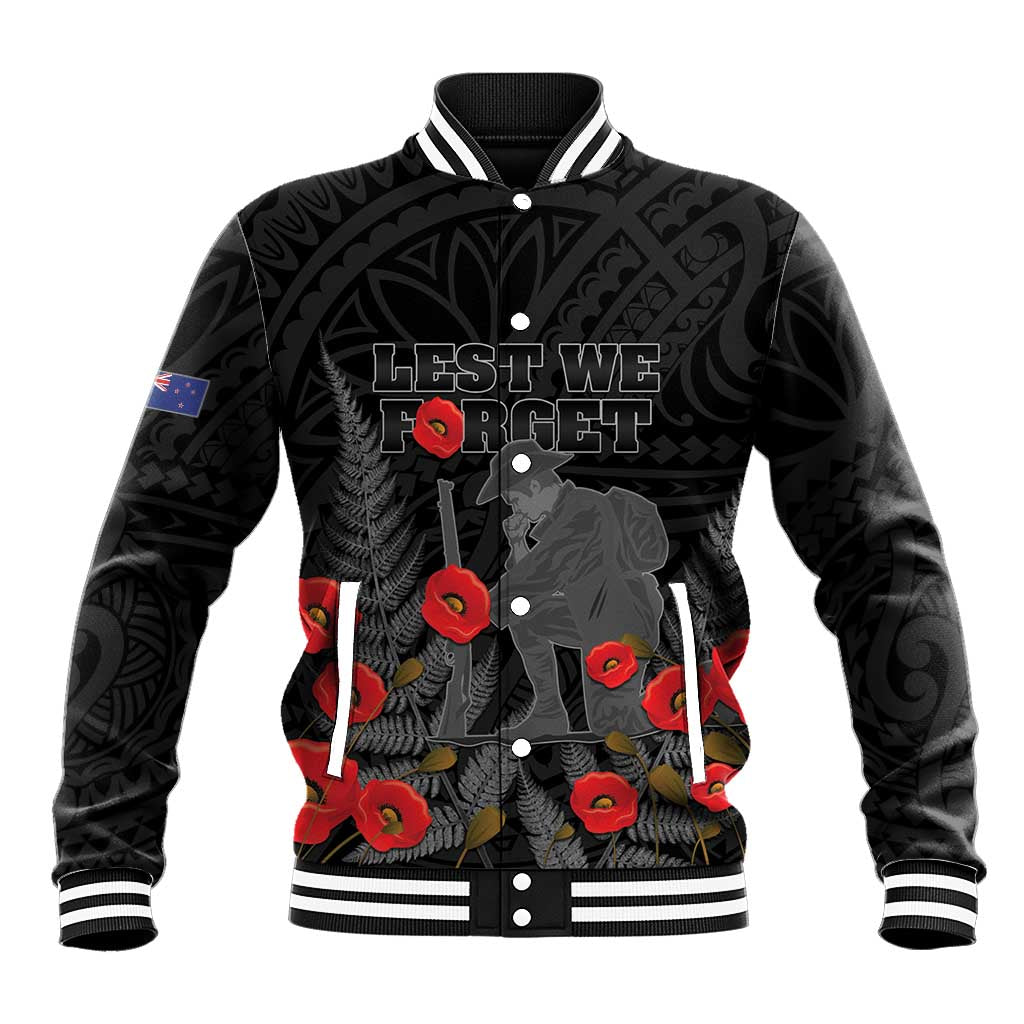 Personalised New Zealand ANZAC Day Baseball Jacket Lest We Forget Soldier Memorial LT15 Unisex Black - Polynesian Pride