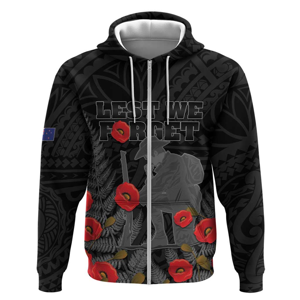 Personalised New Zealand ANZAC Day Hoodie Lest We Forget Soldier Memorial LT15 Zip Hoodie Black - Polynesian Pride