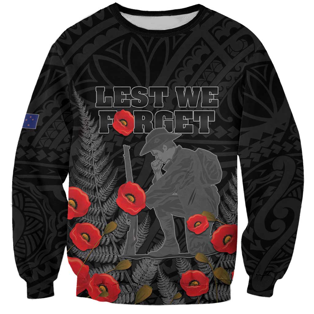 Personalised New Zealand ANZAC Day Sweatshirt Lest We Forget Soldier Memorial LT15 Unisex Black - Polynesian Pride