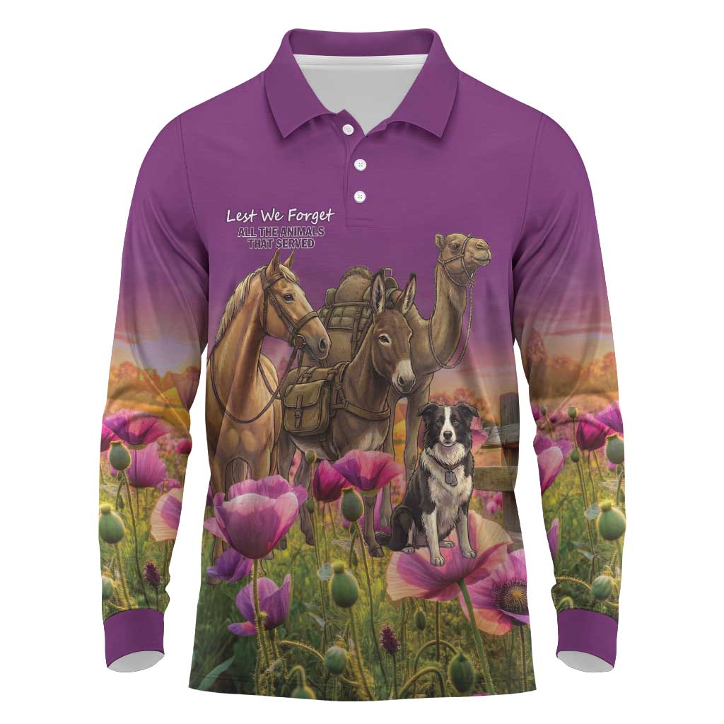 ANZAC Day Long Sleeve Polo Shirt Lest We Forget The Animals Of War LT15 Purple - Polynesian Pride