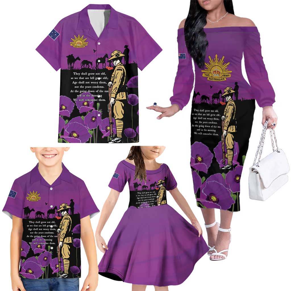 ANZAC Soldier and War Animals Family Matching Off The Shoulder Long Sleeve Dress and Hawaiian Shirt We Will Remember Them