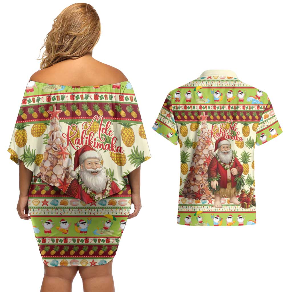Hawaiian Santa Aloha Pineapple Christmas Couples Matching Off Shoulder Short Dress and Hawaiian Shirt Mele Kalikimaka - Polynesian Pride