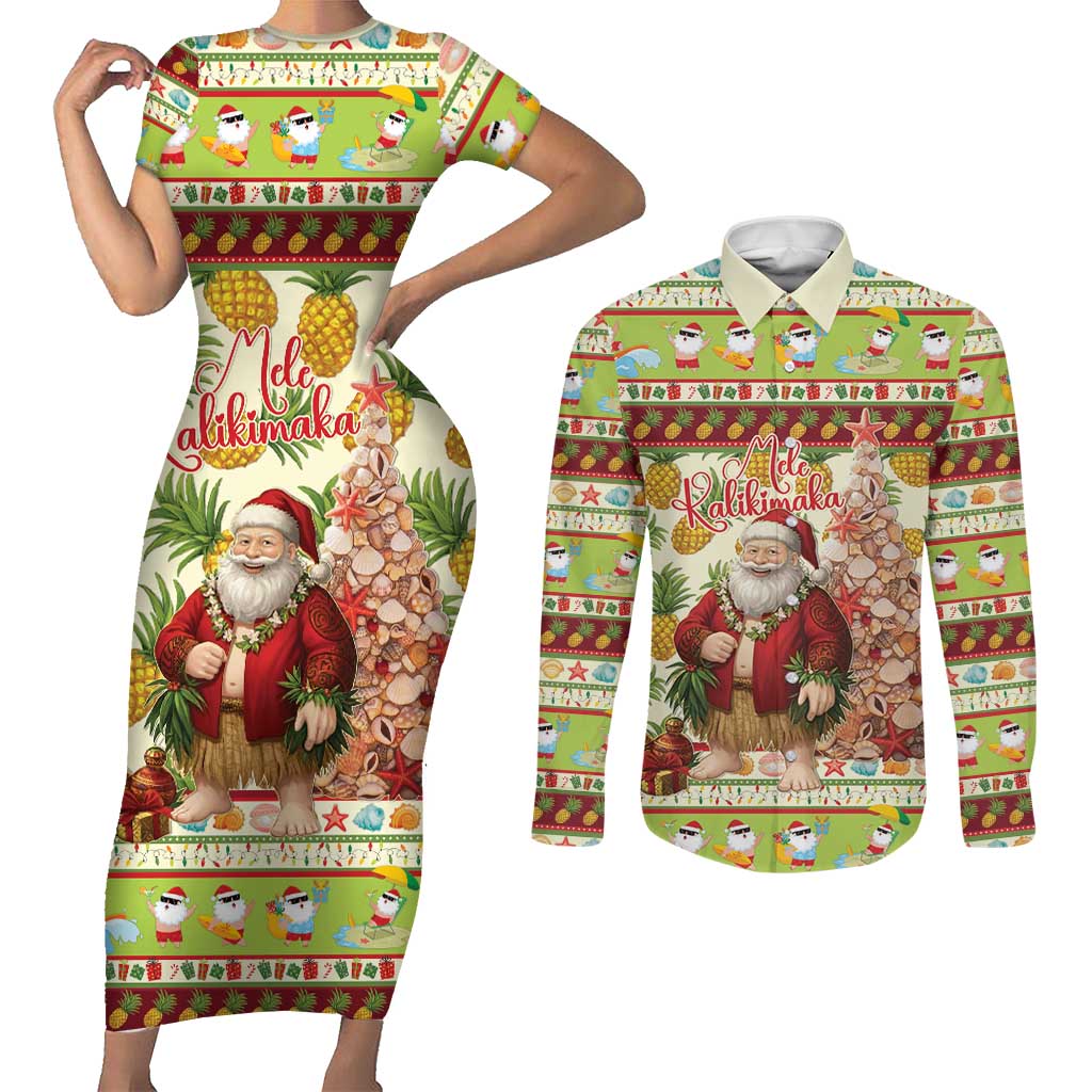 Hawaiian Santa Aloha Pineapple Christmas Couples Matching Short Sleeve Bodycon Dress and Long Sleeve Button Shirt Mele Kalikimaka - Polynesian Pride