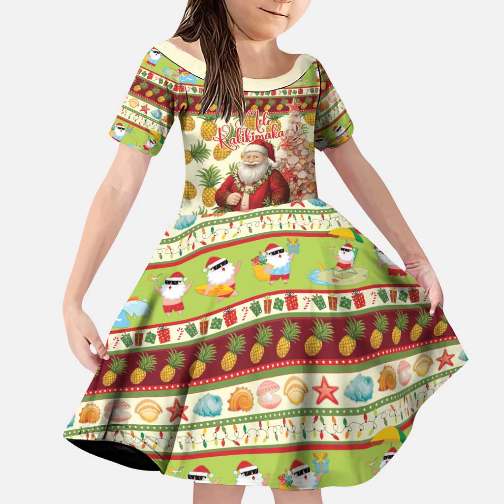 Hawaiian Santa Aloha Pineapple Christmas Family Matching Long Sleeve Bodycon Dress and Hawaiian Shirt Mele Kalikimaka LT15 Daughter's Dress Cream - Polynesian Pride