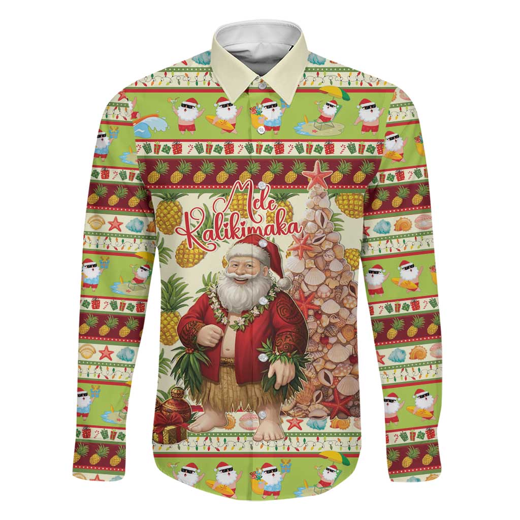 Hawaiian Santa Aloha Pineapple Christmas Family Matching Long Sleeve Bodycon Dress and Hawaiian Shirt Mele Kalikimaka LT15 Dad's Shirt - Long Sleeve Cream - Polynesian Pride