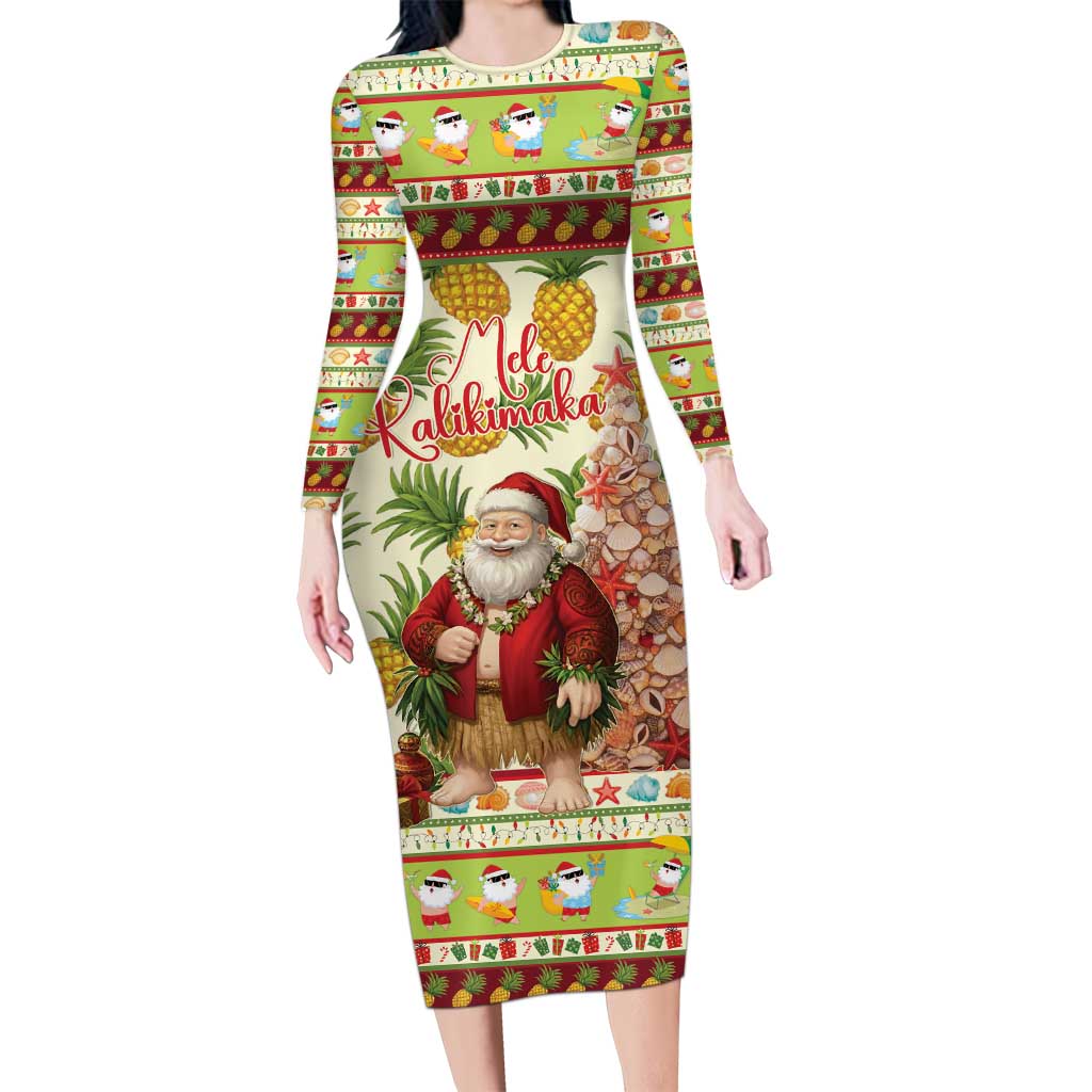 Hawaiian Santa Aloha Pineapple Christmas Family Matching Long Sleeve Bodycon Dress and Hawaiian Shirt Mele Kalikimaka LT15 Mom's Dress Cream - Polynesian Pride